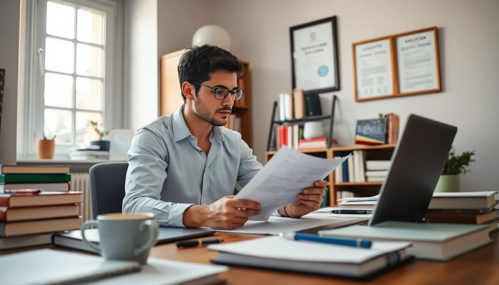 A professional translator at work, showcasing the role of a traducător autorizat in a focused environment.