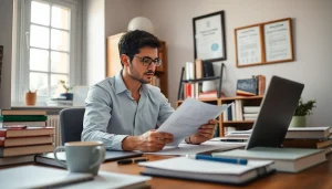 A professional translator at work, showcasing the role of a traducător autorizat in a focused environment.