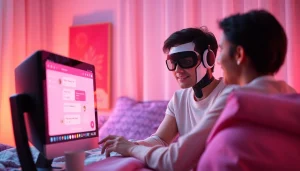 An engaging scene illustrating a user interacting with an AI chatbot in a cozy setting, highlighting the sex AI chat theme with inviting details.