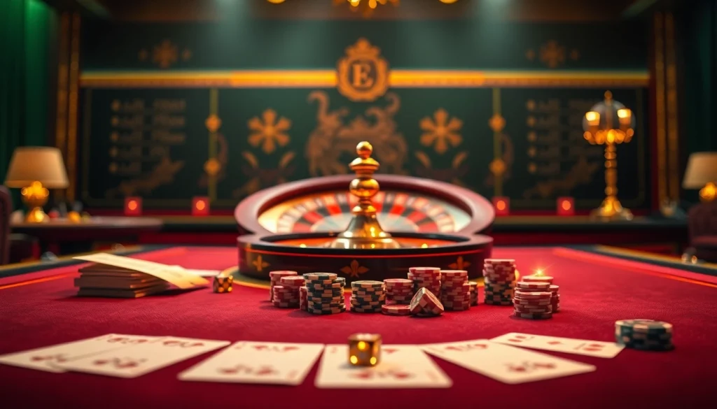 Engaging gambling scene with a poker table and roulette wheel at https://nh88vn.net/ showcasing excitement.