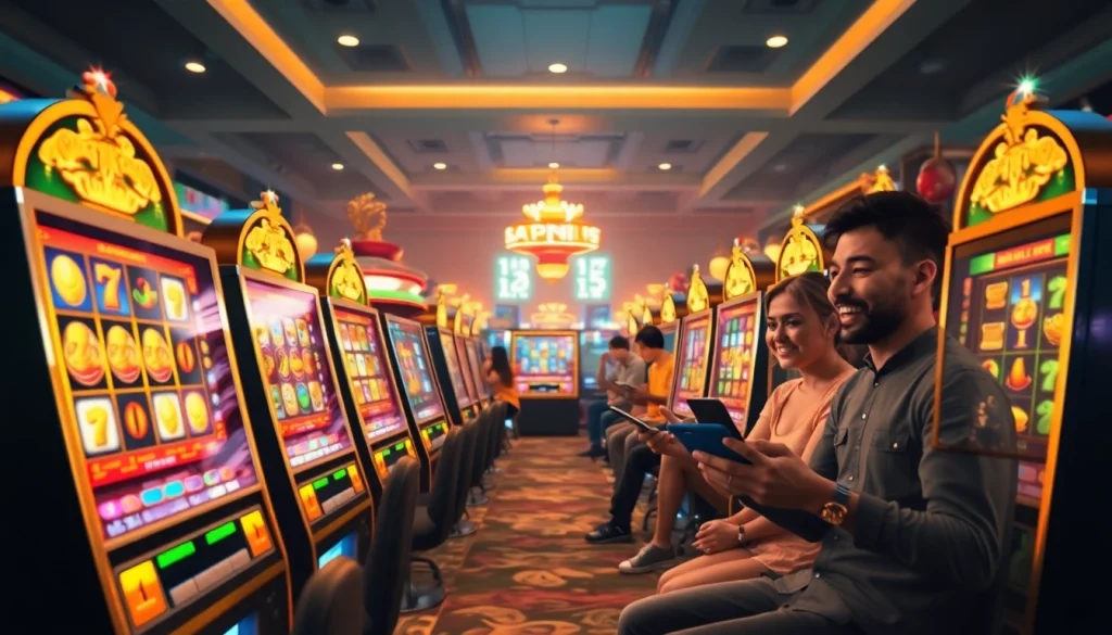 Engaged players enjoying slot hoki games with vibrant reels and a lively atmosphere.