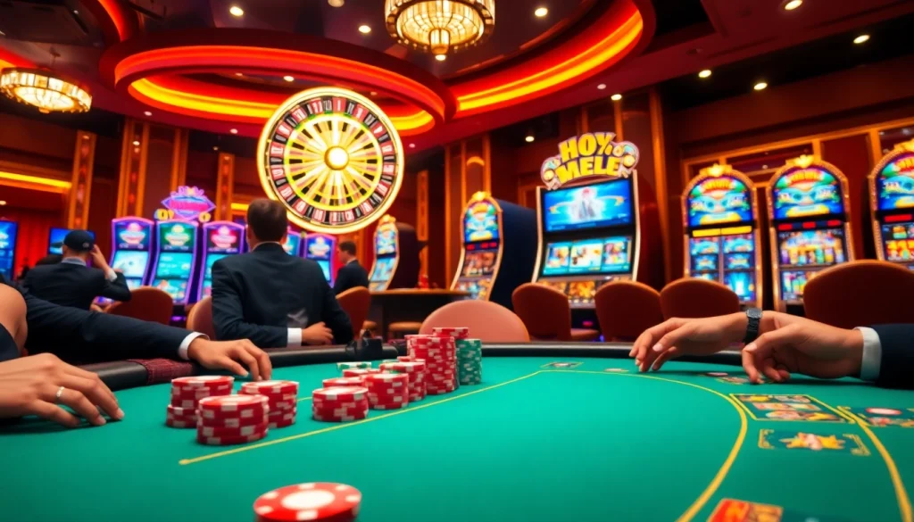 Experience high-stakes poker action at hay.win with colorful chips and a vibrant casino atmosphere.