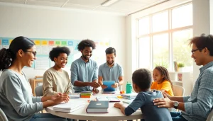 Engaging students collaborating in a bright classroom environment focused on education and inclusivity.