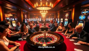 Experience thrilling gaming at rikvip368.com with poker tables and festive slot machines.