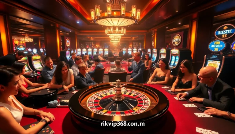 Experience thrilling gaming at rikvip368.com with poker tables and festive slot machines.