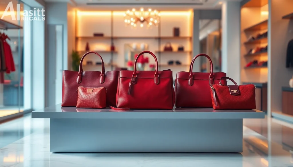 레플리카 핸드백이 세련되게 구성된 현대적인 테이블 위에 배치된 모습