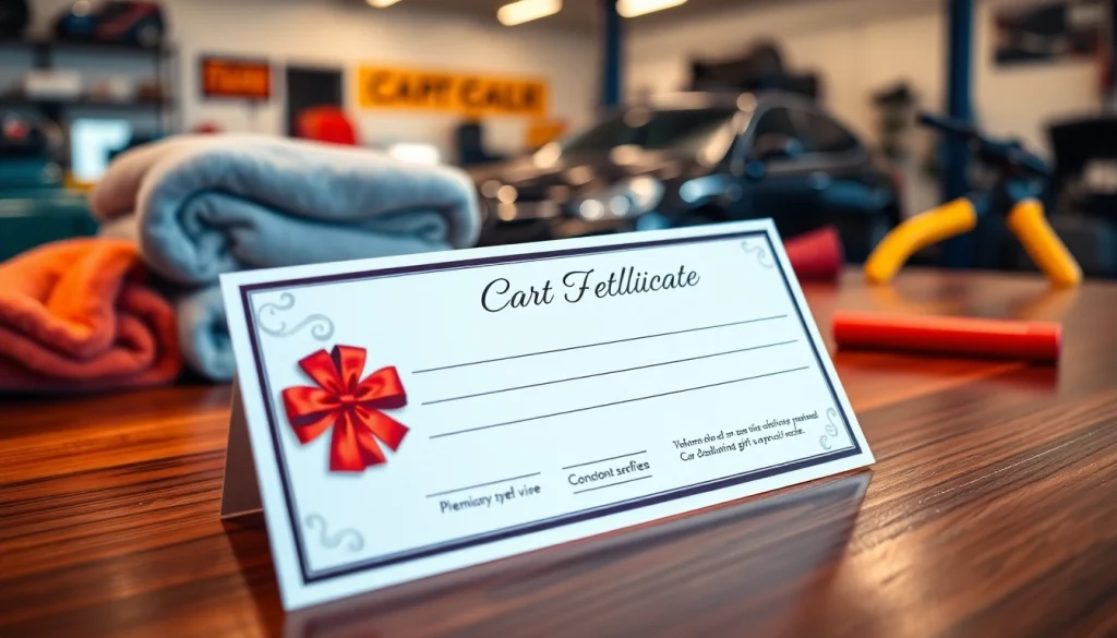 Present a car detailing gift certificate elegantly set up in an inviting automotive workshop.