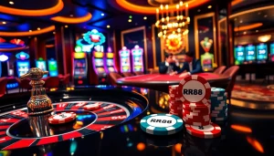 Experience thrilling gameplay at RR88 Casino with vibrant poker chips and an elegant roulette table.