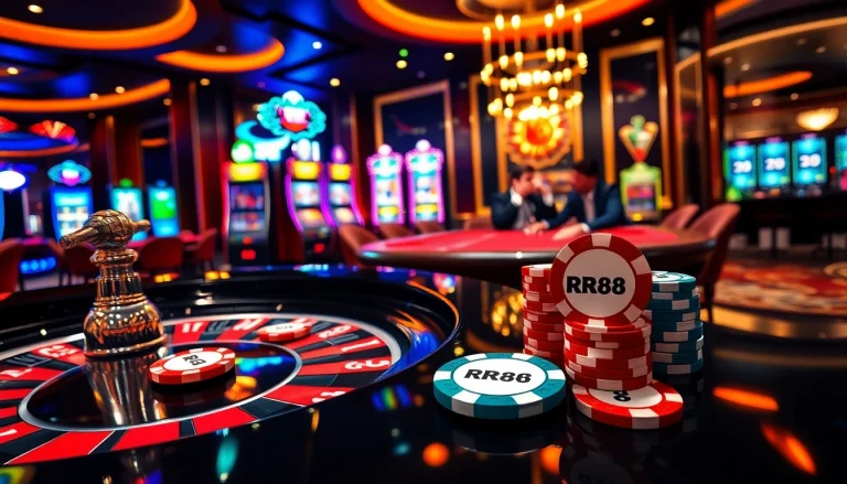 Experience thrilling gameplay at RR88 Casino with vibrant poker chips and an elegant roulette table.