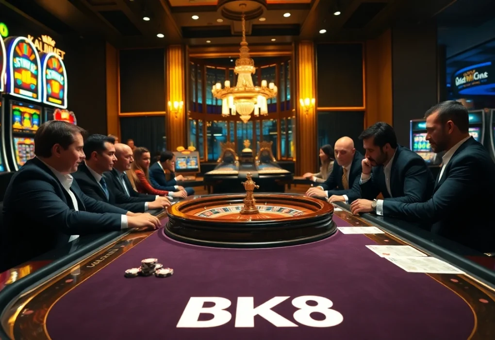 Engaged players enjoy a thrilling poker game at BK8, surrounded by vibrant casino elements.