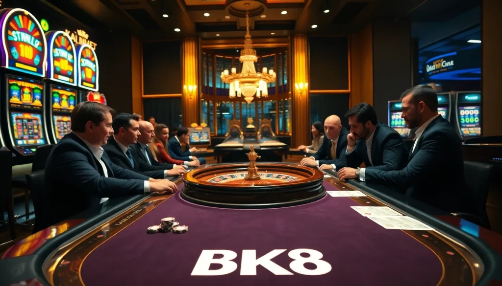 Engaged players enjoy a thrilling poker game at BK8, surrounded by vibrant casino elements.