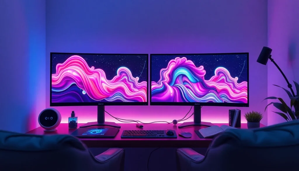 Innovative workspace showcasing NSFW AI image generation technology with dual monitors and ambient lighting.