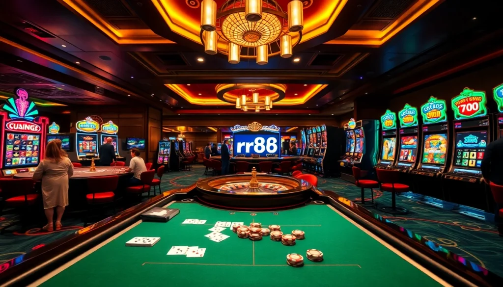 Exciting casino atmosphere showcasing rr88 link with poker, roulette, and slot games.