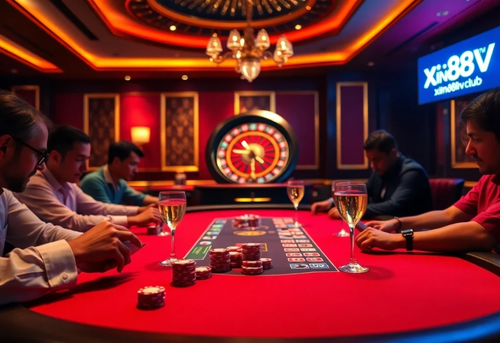 Experience the excitement at xin88hv.club with a vibrant poker table and elegant atmosphere.