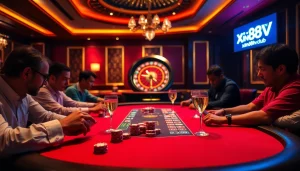 Experience the excitement at xin88hv.club with a vibrant poker table and elegant atmosphere.