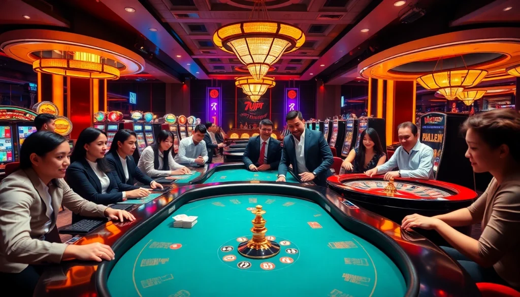 Experience the thrill of 7upbet with players engaging at luxurious casino tables and slot machines.