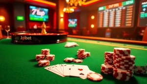 Experience the thrill of betting with 7upbet at an elegant casino table showcasing roulette and poker chips.