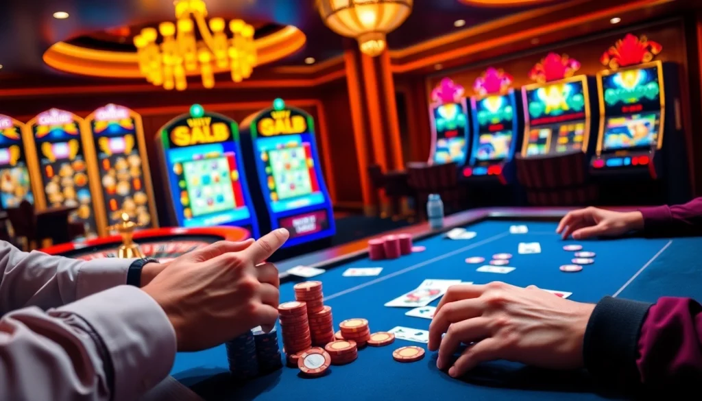 Engaged players at a vibrant casino table showcasing 789bet com gaming excitement.