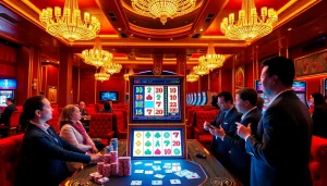Play the mahjong slot demo among elite gamblers in a luxurious casino atmosphere.