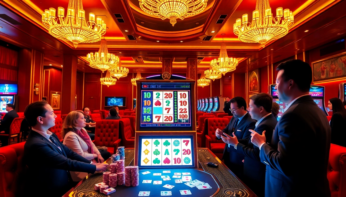 Play the mahjong slot demo among elite gamblers in a luxurious casino atmosphere.