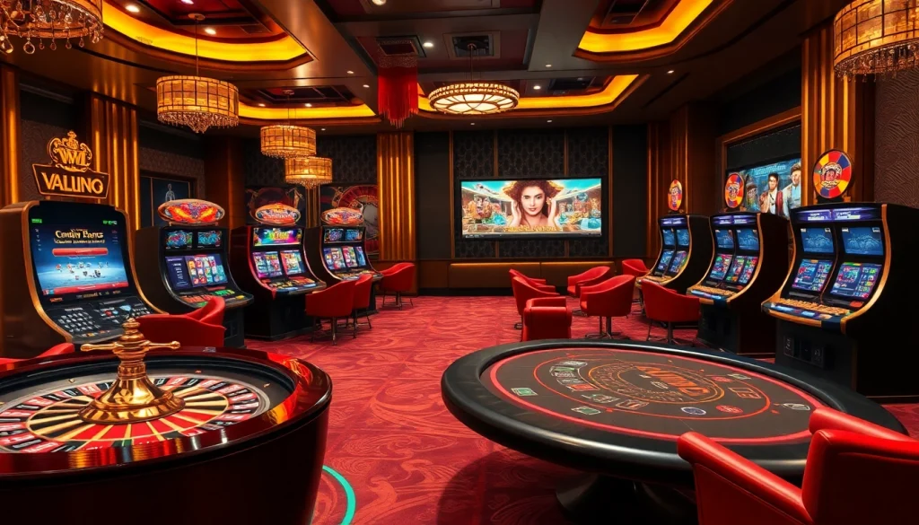 Engaging online casino scene showcasing nhà cái vua99 with tables, slots, and an exciting atmosphere.