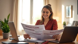 Engaging portrayal of no hassle warranty claims in a cozy office setting showing a person happily reviewing documents.