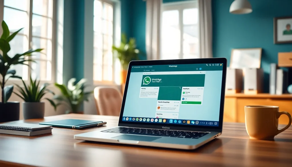 在现代工作环境中的笔记本电脑上展示的 WhatsApp Web 界面，象征无缝沟通。