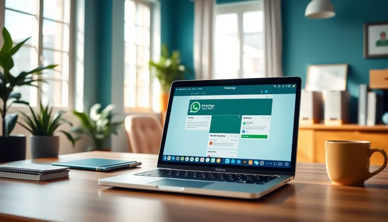 在现代工作环境中的笔记本电脑上展示的 WhatsApp Web 界面，象征无缝沟通。