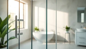 Stylish glass shower doors enhancing a modern bathroom design with sleek features.