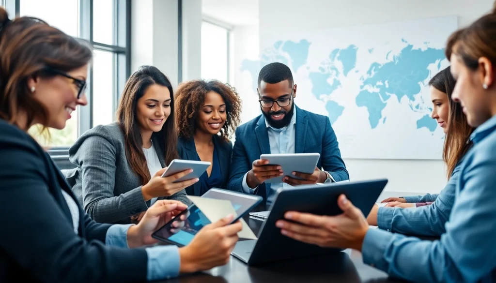 Visualize competitive intelligence with a diverse team analyzing data in a modern conference room.