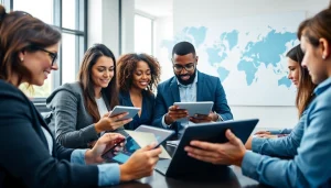 Visualize competitive intelligence with a diverse team analyzing data in a modern conference room.