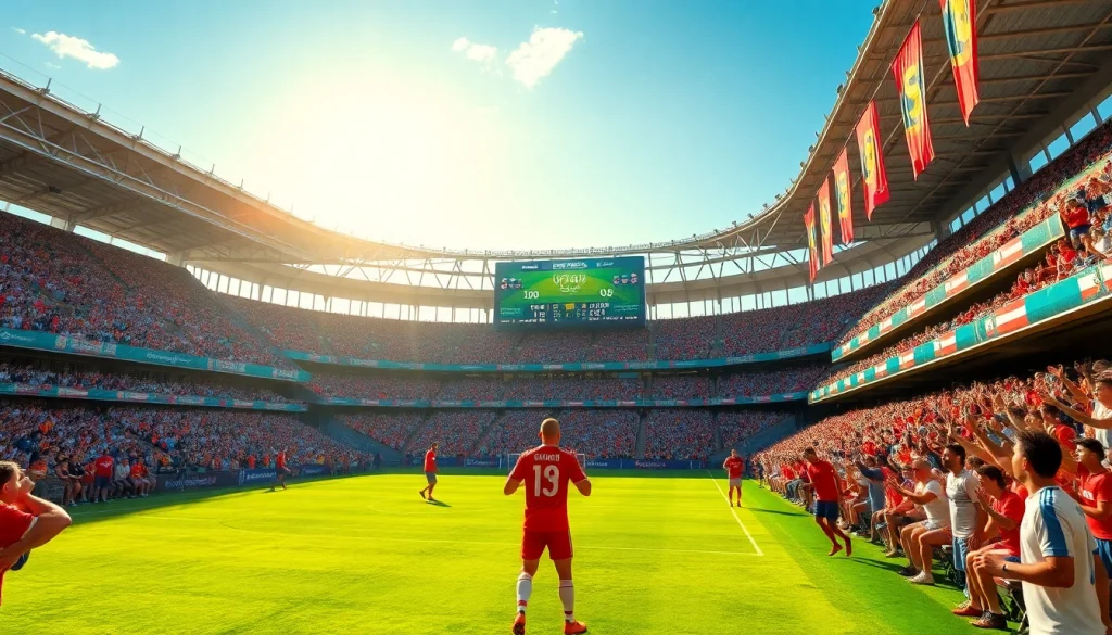 บานผลบอล ที่แสดงคะแนนสดของเกมในสนามฟุตบอลที่มีแฟนคลับเชียร์อย่างครื้นเครง