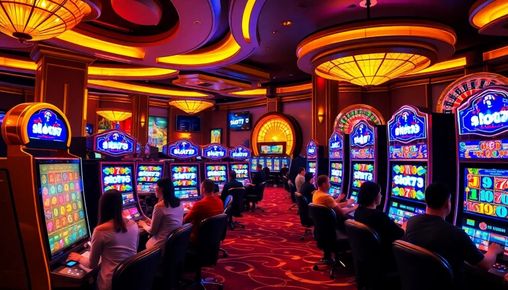 Players enjoying the thrill of slot777 machines in a luxurious casino environment.