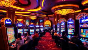 Players enjoying the thrill of slot777 machines in a luxurious casino environment.