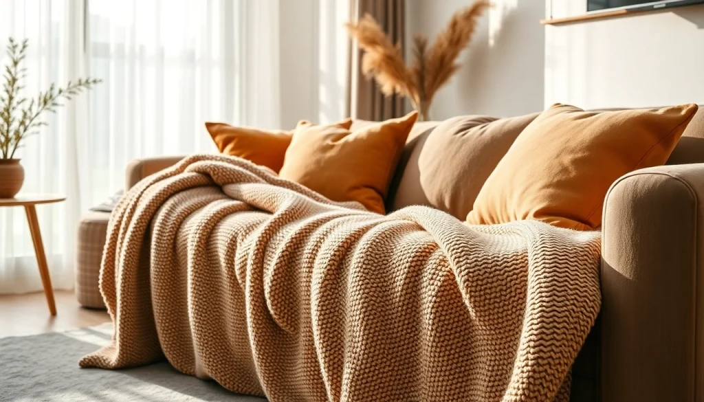 Creëer warmte met nepbont stoffen op een stijlvolle bank in een gezellige woonkamer.