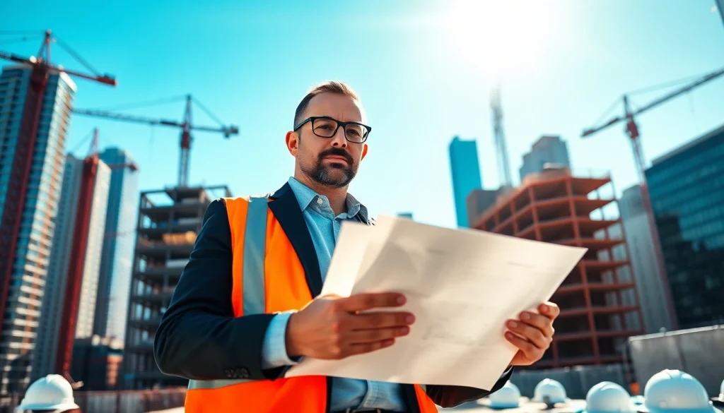 Manhattan Commercial General Contractor examining construction plans at a bustling skyscraper site.