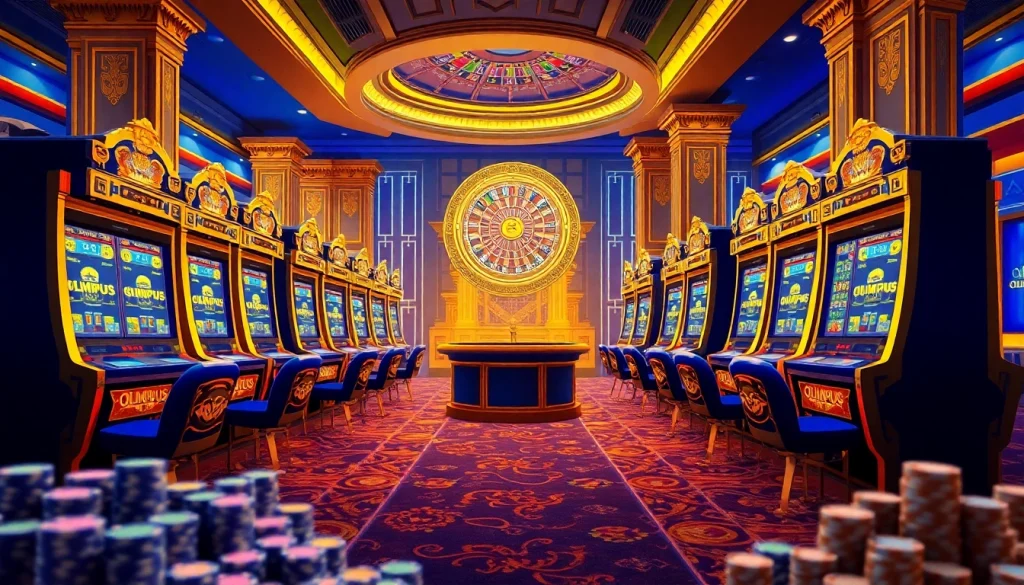 Rasakan sensasi bermain Olympus slot di ruang permainan kasino yang mewah, menampilkan mesin berornamen dan chip berwarna-warni.