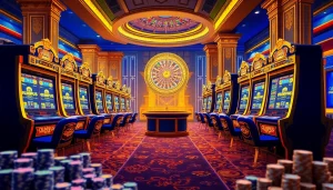 Rasakan sensasi bermain Olympus slot di ruang permainan kasino yang mewah, menampilkan mesin berornamen dan chip berwarna-warni.