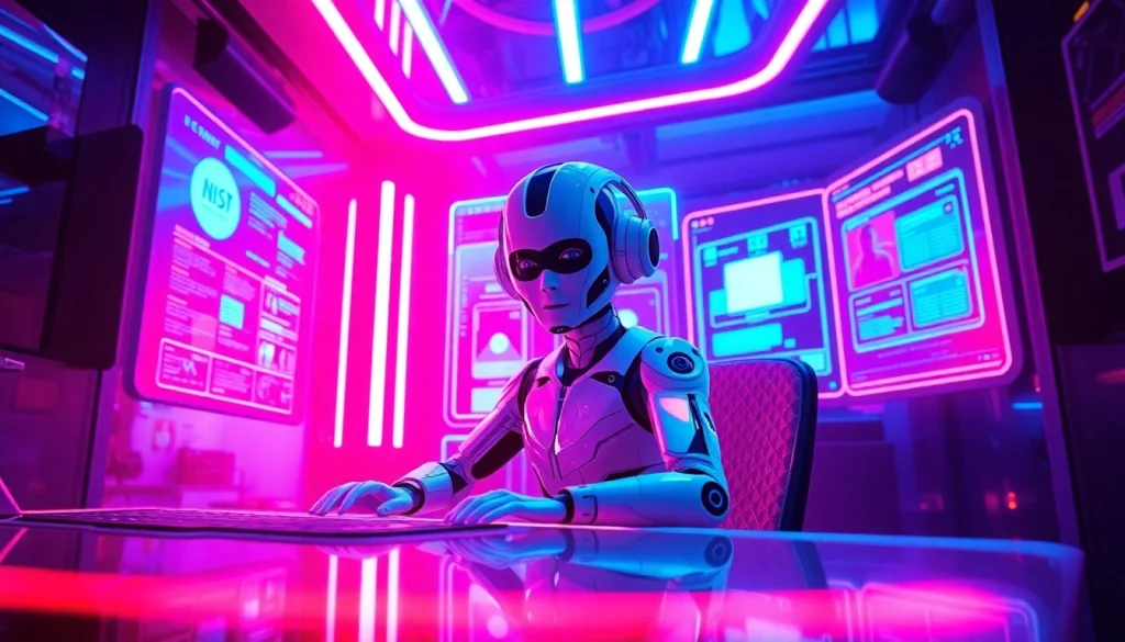 NSFW AI character in a neon-lit tech environment, showcasing futuristic interaction.
