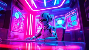 NSFW AI character in a neon-lit tech environment, showcasing futuristic interaction.