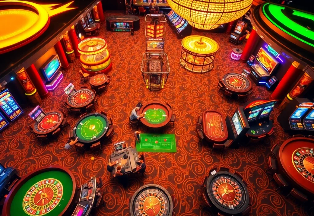 Experience the excitement of gambling at https://good88k.blog with a luxurious casino scene featuring vibrant tables and busy players.