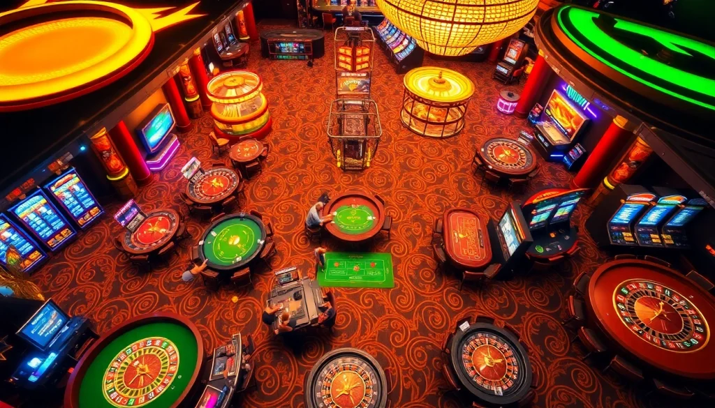 Experience the excitement of gambling at https://good88k.blog with a luxurious casino scene featuring vibrant tables and busy players.