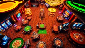 Experience the excitement of gambling at https://good88k.blog with a luxurious casino scene featuring vibrant tables and busy players.
