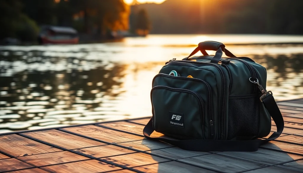Showcasing a rugged Fly fishing bag on a wooden jetty, ideal for outdoor adventures.