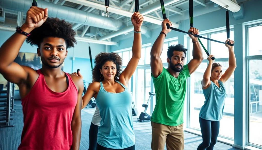 Individuals using resistance bands for pull-ups in a vibrant gym setting, showcasing strength and determination.