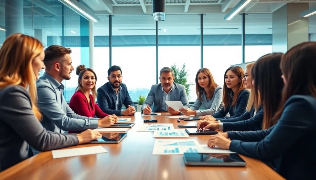 Engaged professionals discussing growth strategy trends in a modern office setting.