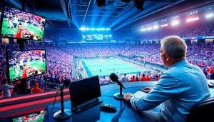 Engaging sports broadcasting setup featuring a commentator in an exciting sports arena.