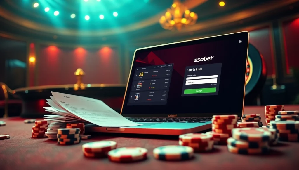 Engage with sbobet login on a luxurious online gambling interface surrounded by casino elements.