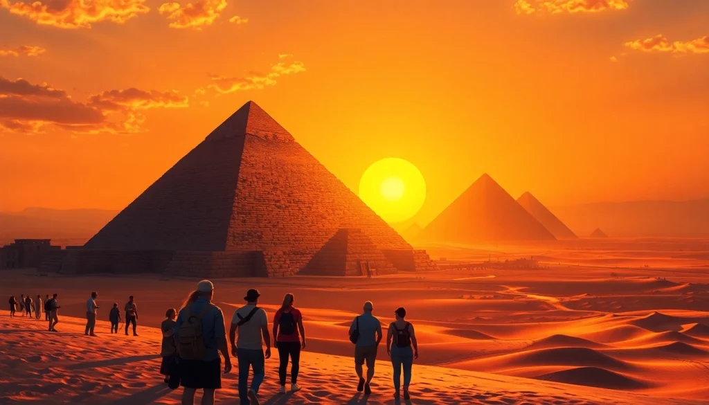 Visiting the piraminds of Giza with warm sunset lighting and desert scenery.