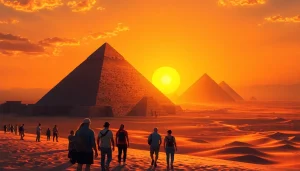 Visiting the piraminds of Giza with warm sunset lighting and desert scenery.